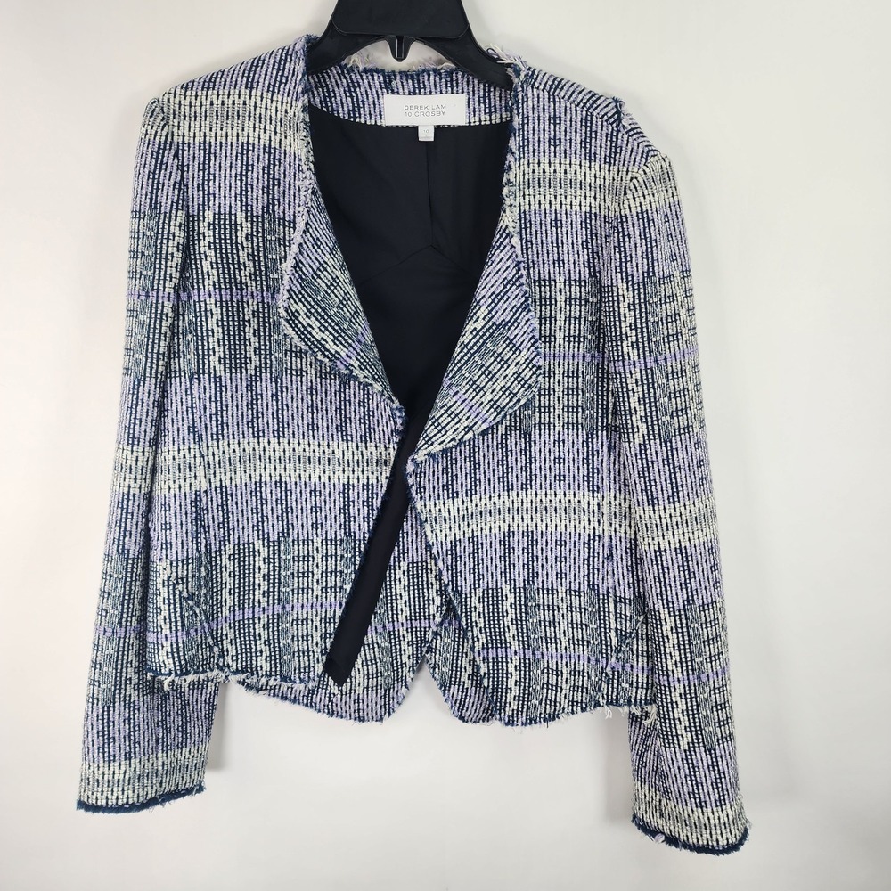 Derek Lam Crosby Blazer Women's 10 White Navy Lavender Raw Hem Tweed Open Front